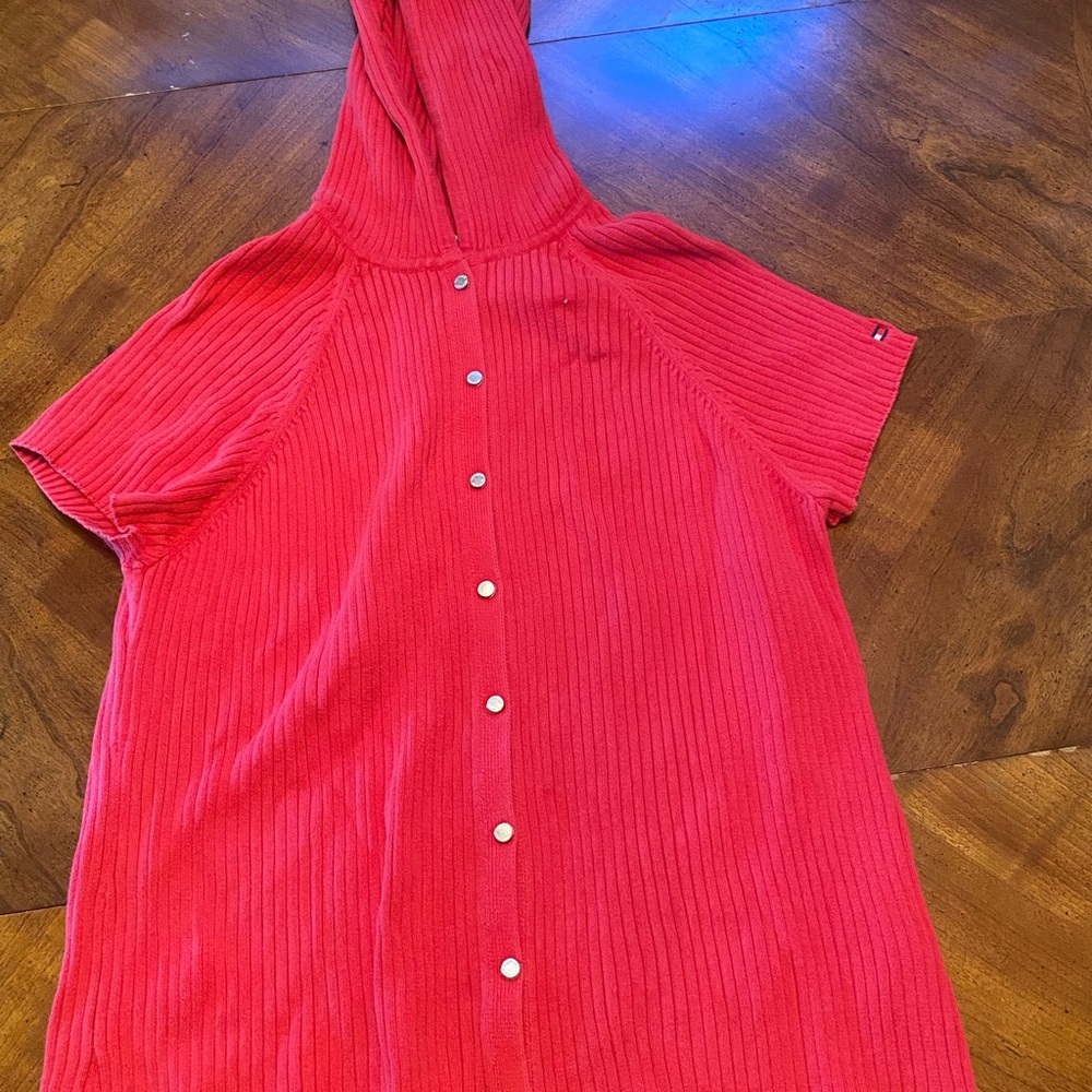 Tommy Hilfiger red ribbed button up hoodie short sleeve size XL